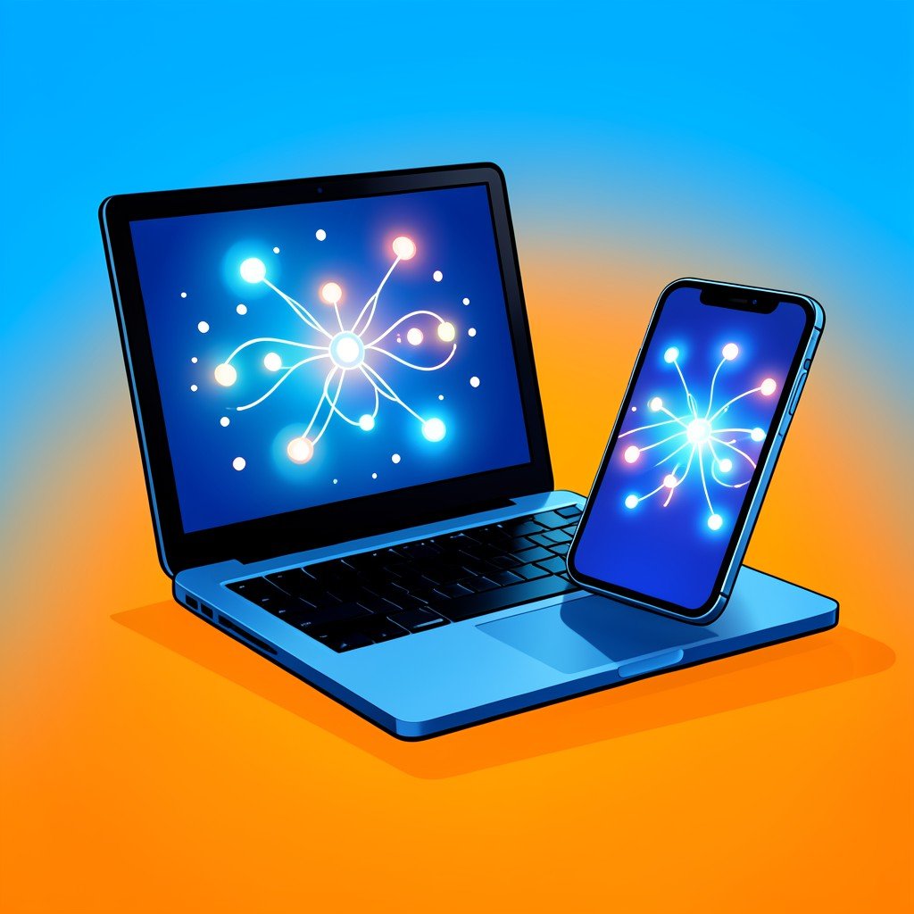 An illustration of a laptop and a smartphone operating without internet cables, showing stylized glowing data processing nodes inside the devices, clean blue and orange gradient background, high contrast, 4:3