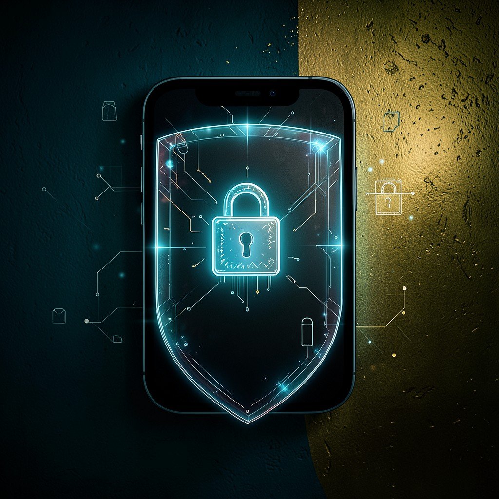 A conceptual high contrast image of a smartphone shield, representing mobile security and data protection. Futuristic padlock icons, soft tech lighting, dark cyan and gold colored textured background, 4:3