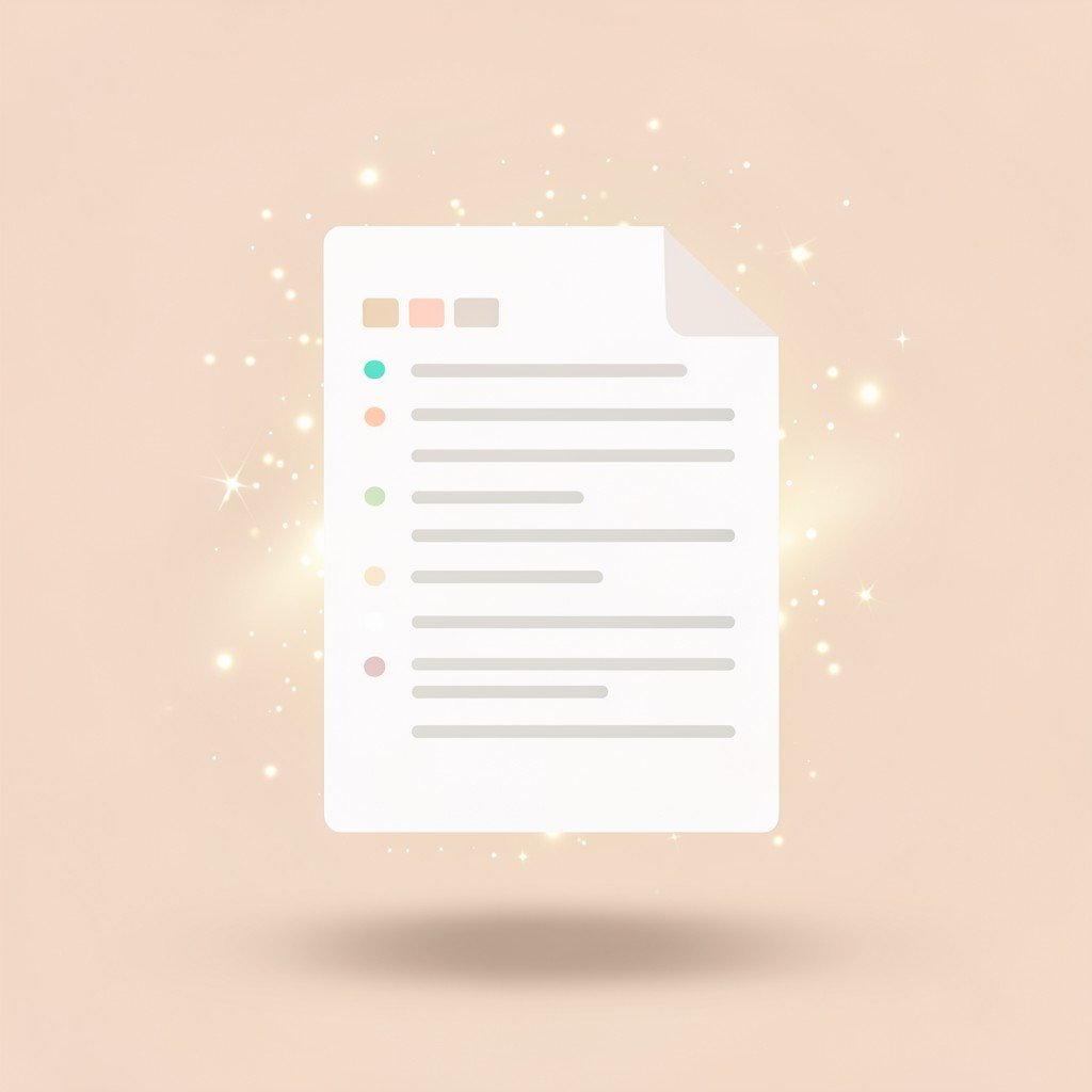 Stylized depiction of structured document files, lists with bullet points floating mid-air with elegant glowing particles, soft shadow, minimalist design, warm pastel background, 4:3
