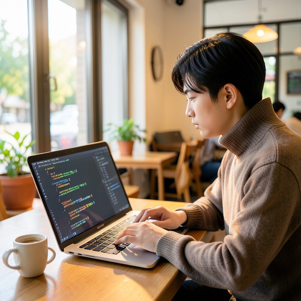 A lifestyle photograph of a young Korean person sitting in a brightly lit modern cafe, looking focused while working on a laptop. On the laptop screen, a clean software development interface with glowing code is visible. Warm natural lighting, coffee cup on the wooden table, cozy atmosphere. Aspect ratio 4:3.