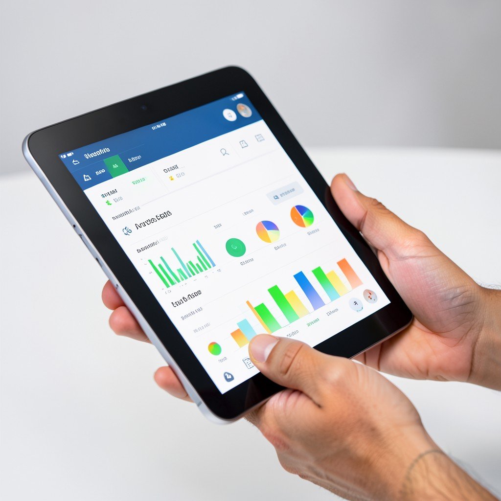 A close-up view of hands holding a modern tablet showing a detailed dashboard with app analytics and security scanning charts. The background is a clean, minimalist workspace with soft studio lighting. Professional and high-tech feel. Aspect ratio 1:1.