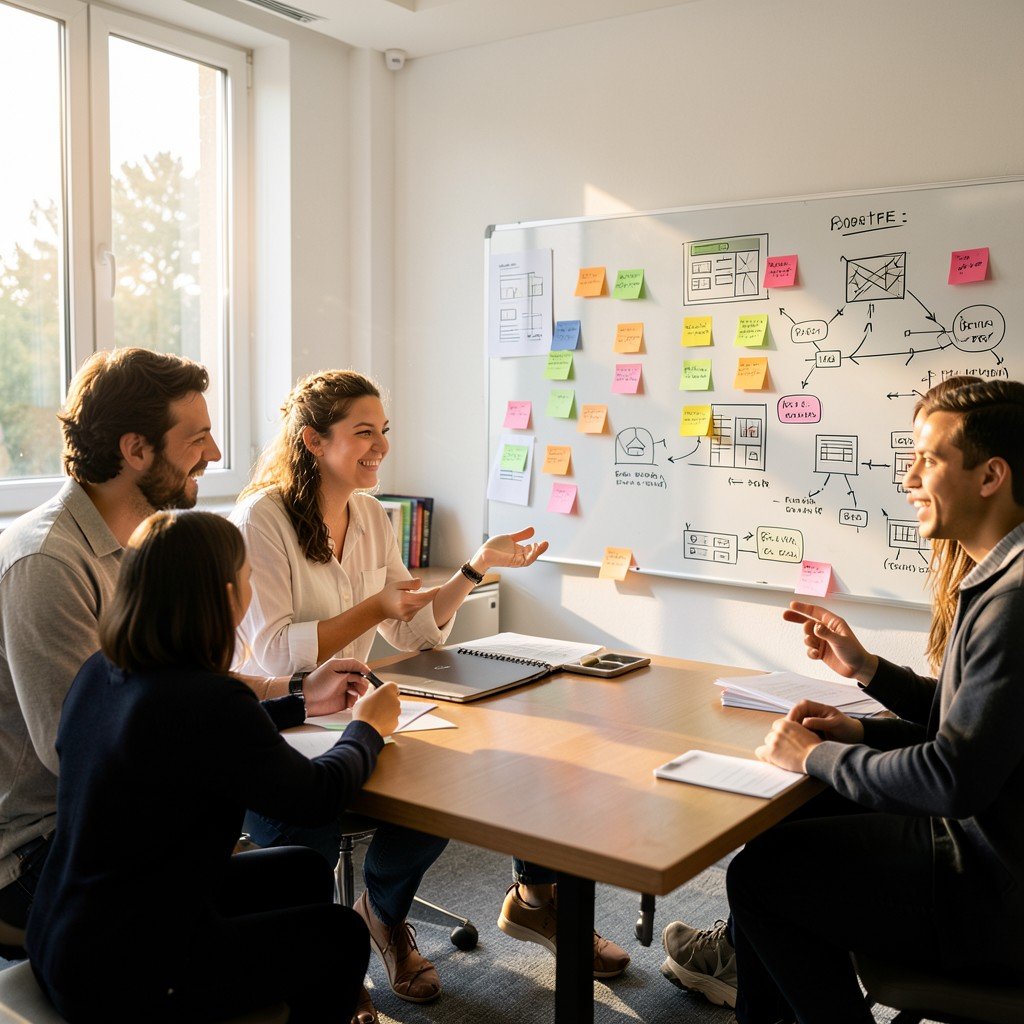 A modern, bright office meeting room where colleagues are brainstorming. A whiteboard on the wall is filled with colorful sticky notes, wireframes, and creative UI flowcharts. Warm, collaborative atmosphere, soft morning sunlight streaming through the window. Aspect ratio 4:3.