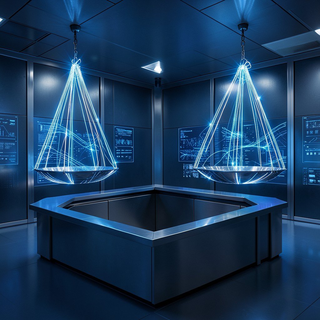 A conceptual representation of a modern digital courtroom, scales of justice made of glowing optical fibers, deep blue and metallic gray tones, professional atmosphere, aspect ratio 4:3