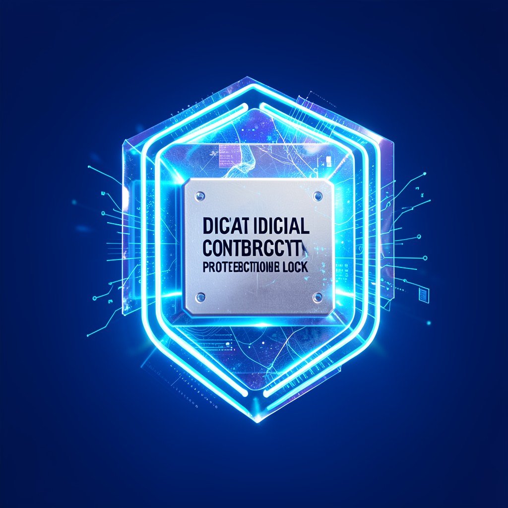 Advanced digital copyright protection lock, virtual shield with holographic security layers, high technology concept, clean layout, vibrant blue lighting, aspect ratio 4:3