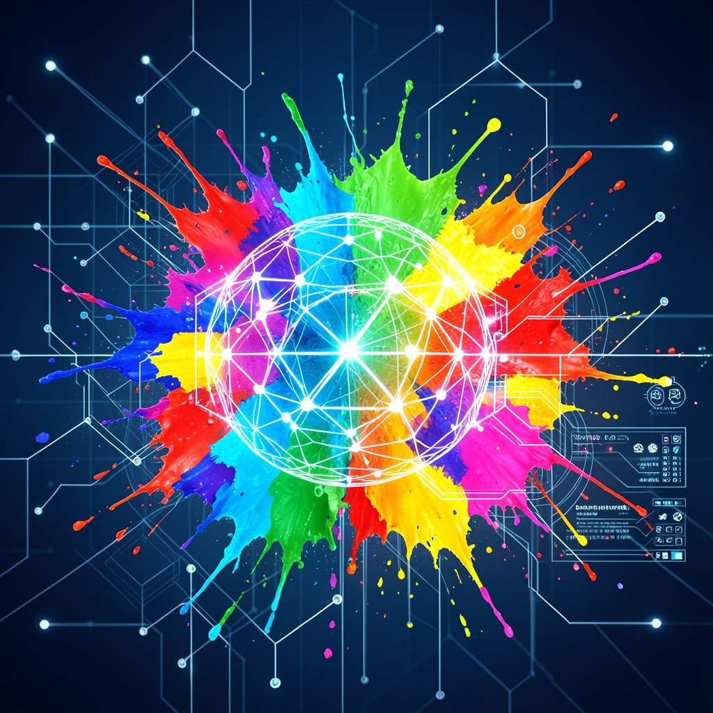 Futuristic visualization of artificial intelligence and human creativity harmonizing, colorful paint splashes interacting with clean neural network patterns, creative technology, professional, aspect ratio 4:3