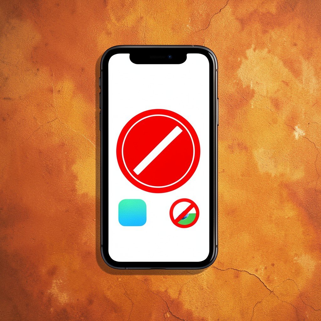 An illustrative concept of a smartphone displaying a red warning symbol and a restricted app icon on screen, textured background, warm color palette, 4:3