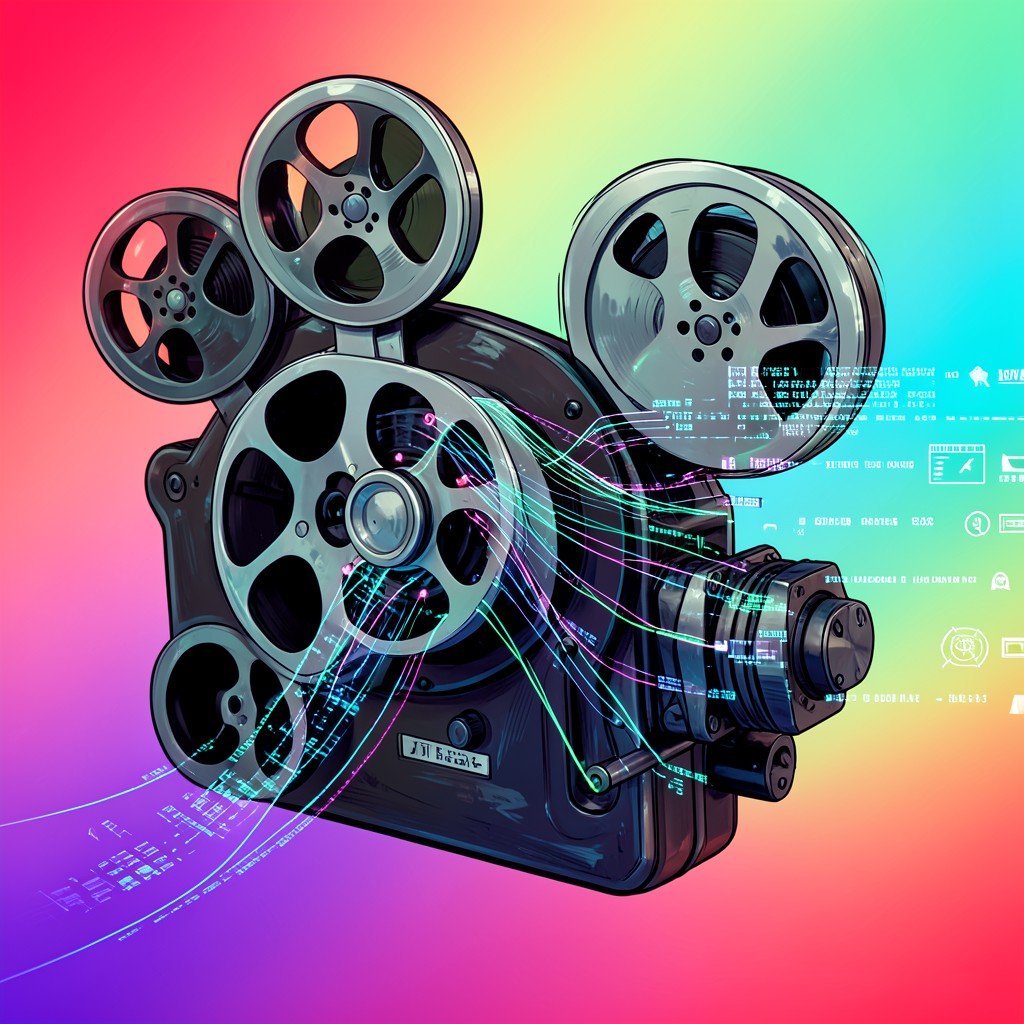 An artistic illustration of a movie camera being scanned by digital data lines representing web scraping and copyright analysis, colorful gradient background, 4:3