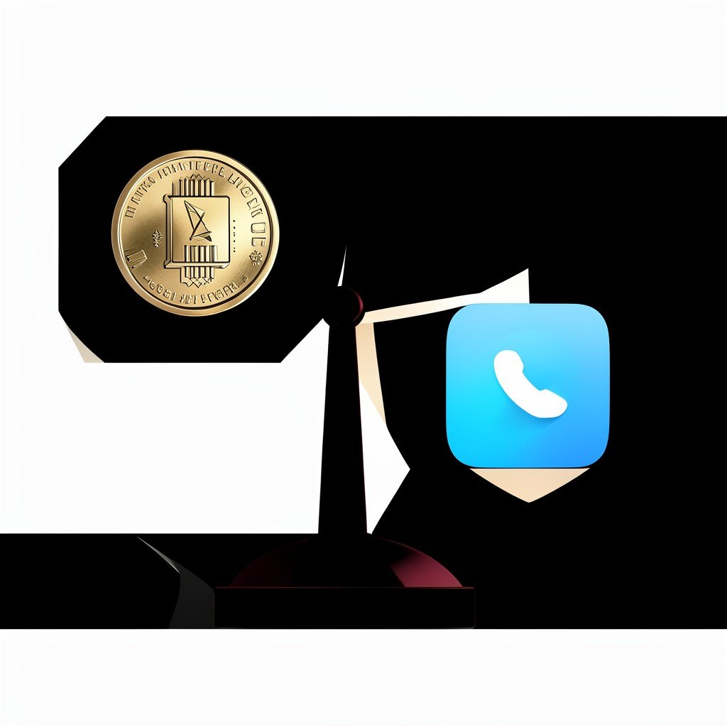 A conceptual design of a scale balancing a digital coin and an app store icon, modern style, clean high contrast composition, 4:3