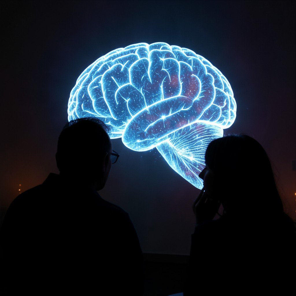 Silhouette of a person looking at a giant glowing digital holographic brain in a dark room with soft ambient light, 4:3