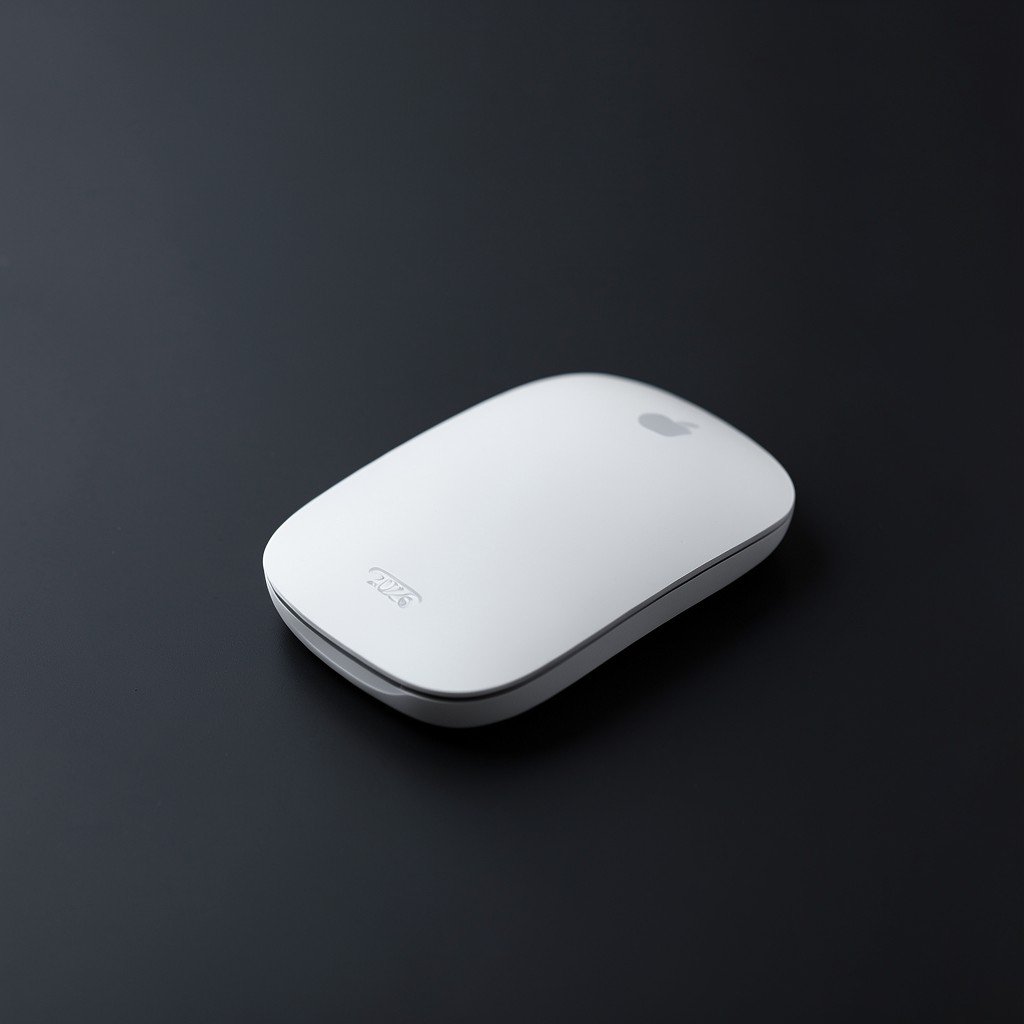 White Apple Magic Mouse 2026 on a clean matte dark desk, modern minimalist setup, soft diffused lighting, high contrast, 1:1
