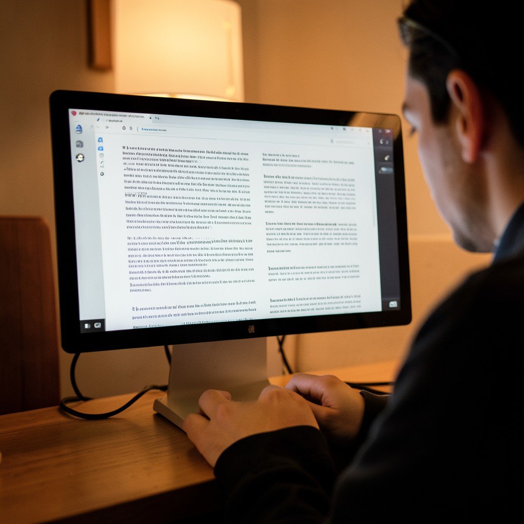 A person reading an article on a desktop computer in a distraction free immersive reading mode, clean text layout, cozy warm lighting, 4:3
