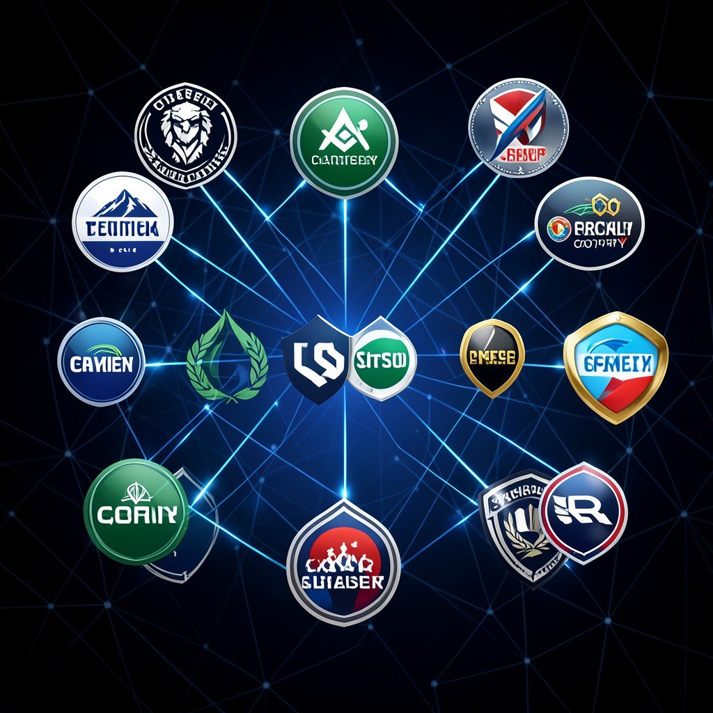 Diverse group of technology company logos connected by glowing lines on a dark network background, corporate cybersecurity alliance concept, 1:1