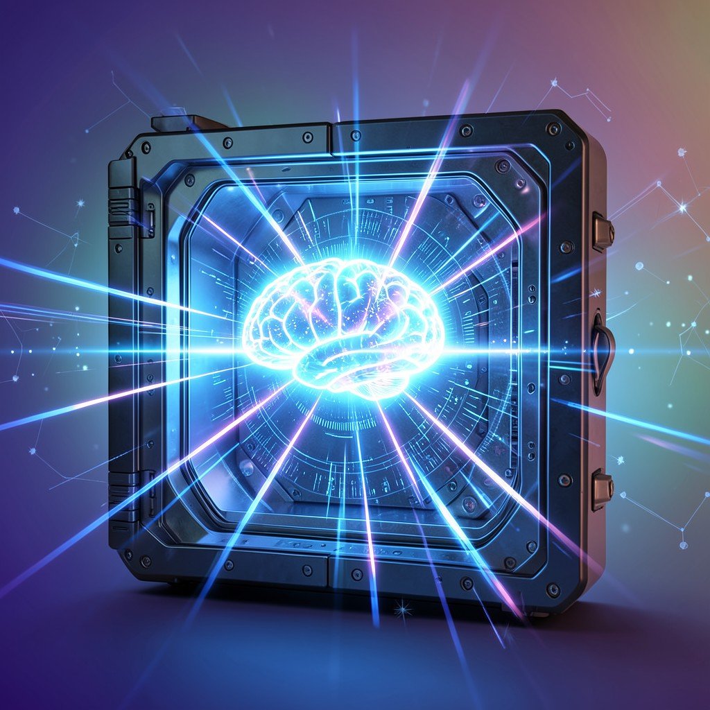 A secure glowing vault containing a bright digital brain, heavily shielded with light beams, cybersecurity atmosphere, gradient background, 1:1