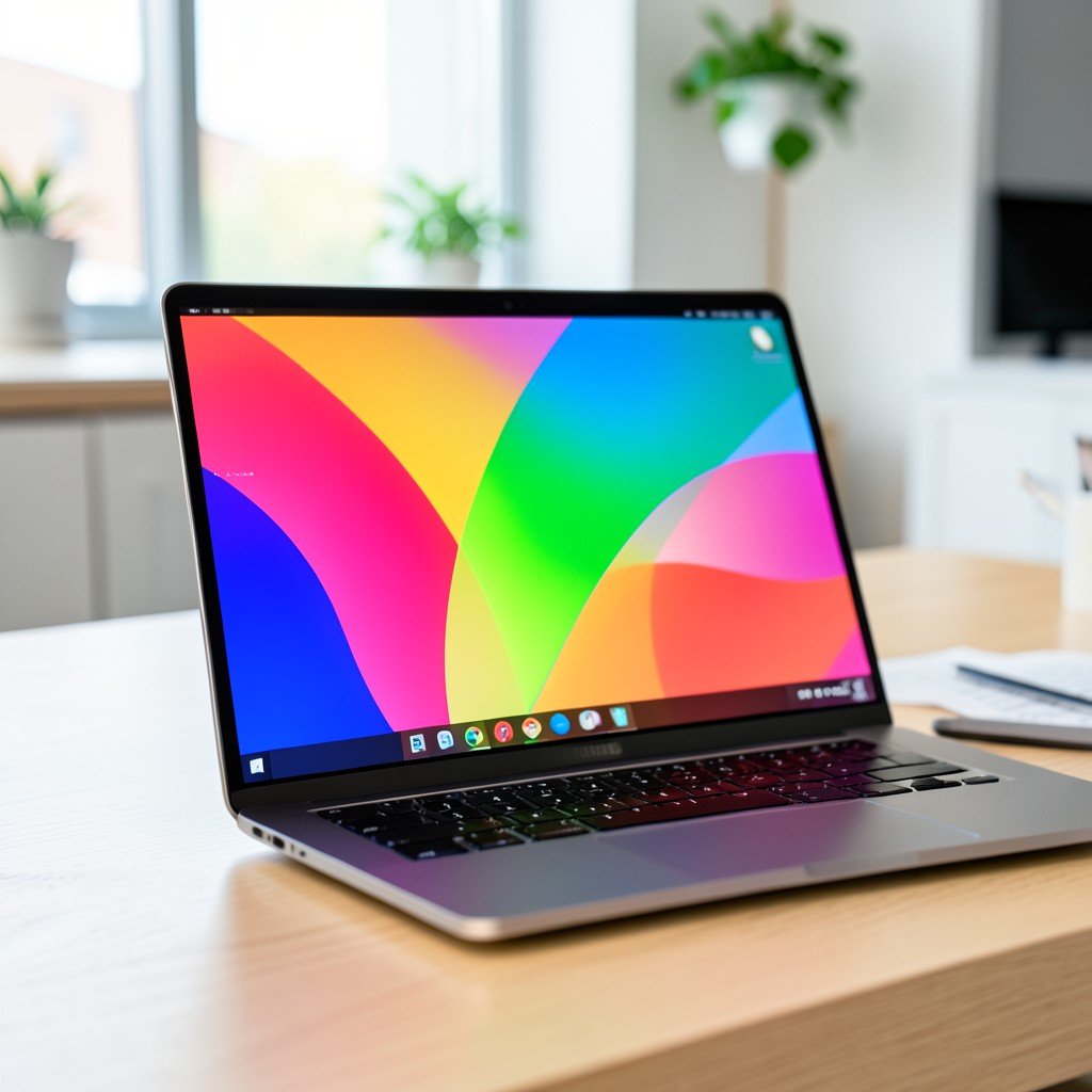 Close up of a laptop screen displaying vibrant colors with thin bezels on a desk, modern workspace background, bright balanced lighting, 1:1