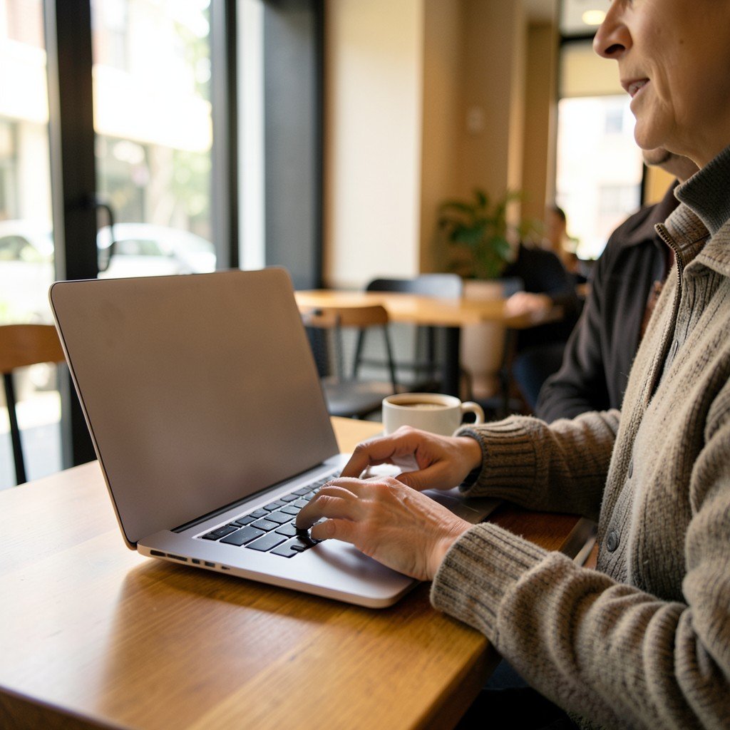 A person typing on a sleek silver laptop at a modern cafe, coffee cup on the table, warm natural lighting, lifestyle photography, 4:3