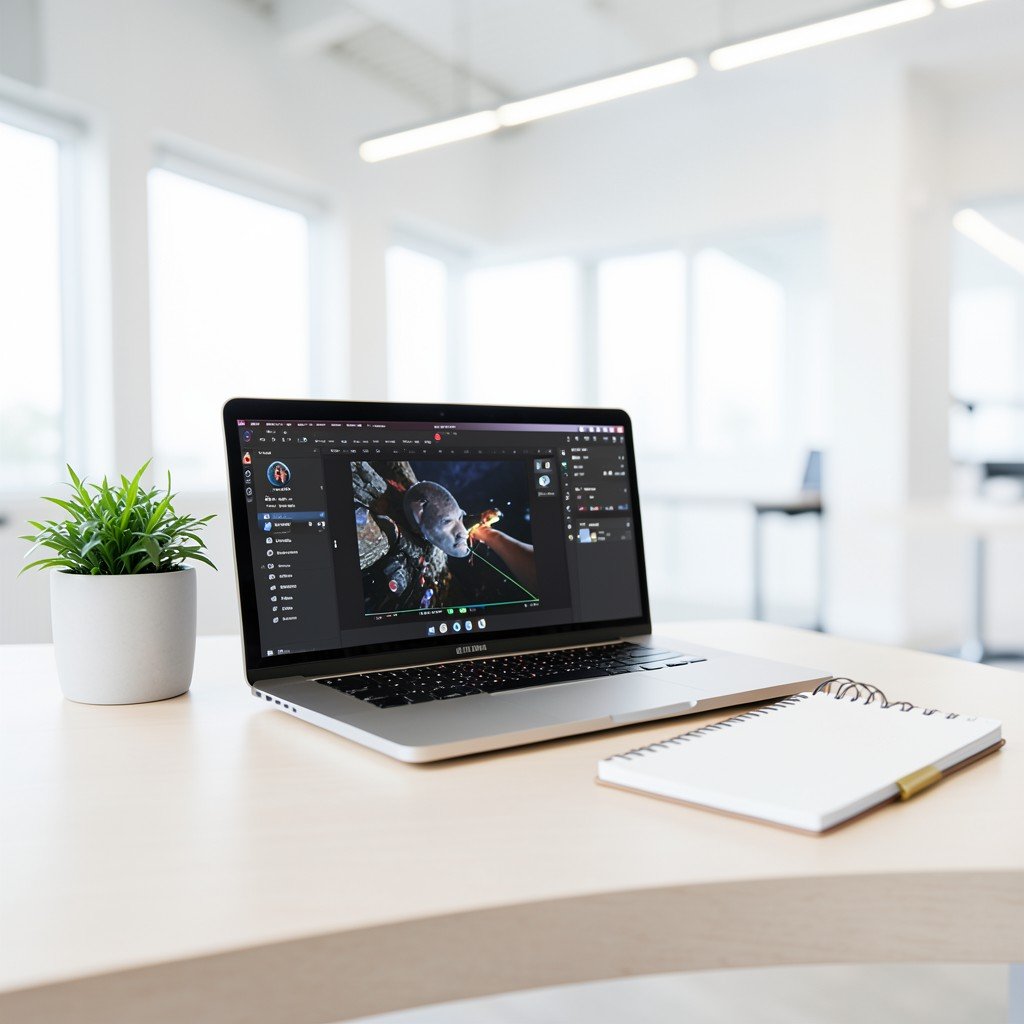 Minimalist desk setup with a laptop open displaying a creative software interface, plant and notebook beside it, modern bright office lighting, 1:1
