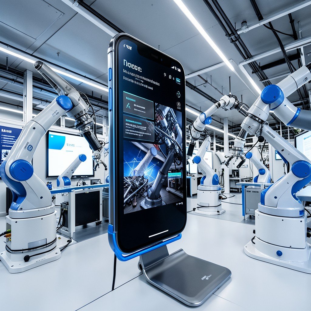 A sleek modern smartphone assembly line with robotic arms and blue accents, clean high contrast informational style, 4:3