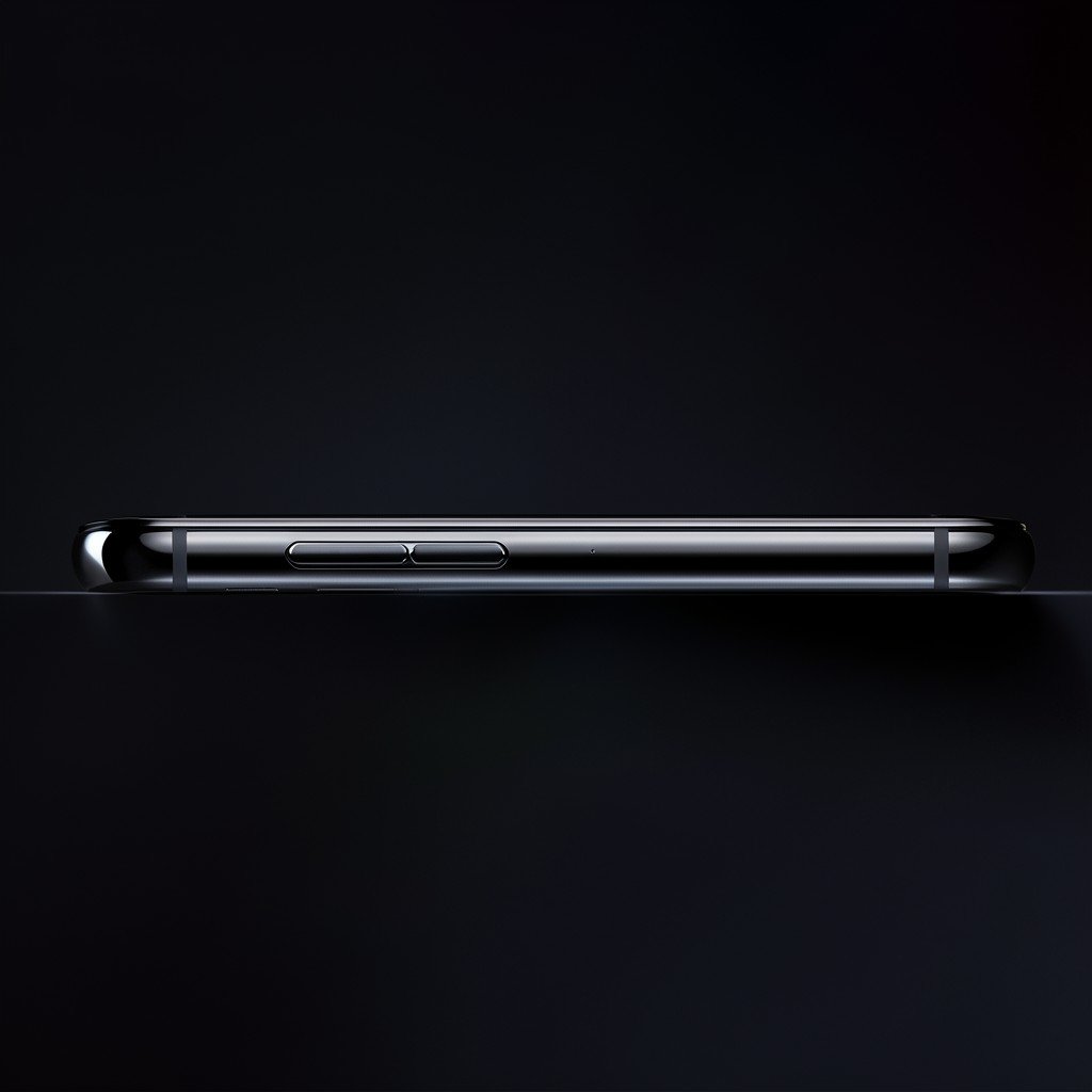 Close up of an ultra slim premium smartphone side profile on a dark gradient surface, modern layout high contrast, 4:3