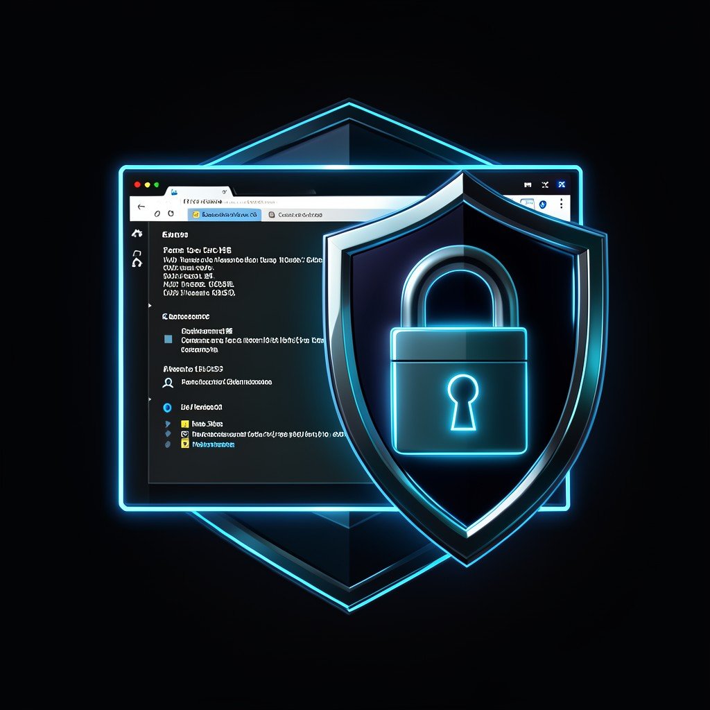 Futuristic digital lock and shield icon overlaying a remote desktop connection screen, clean infographic style, high contrast, 4:3