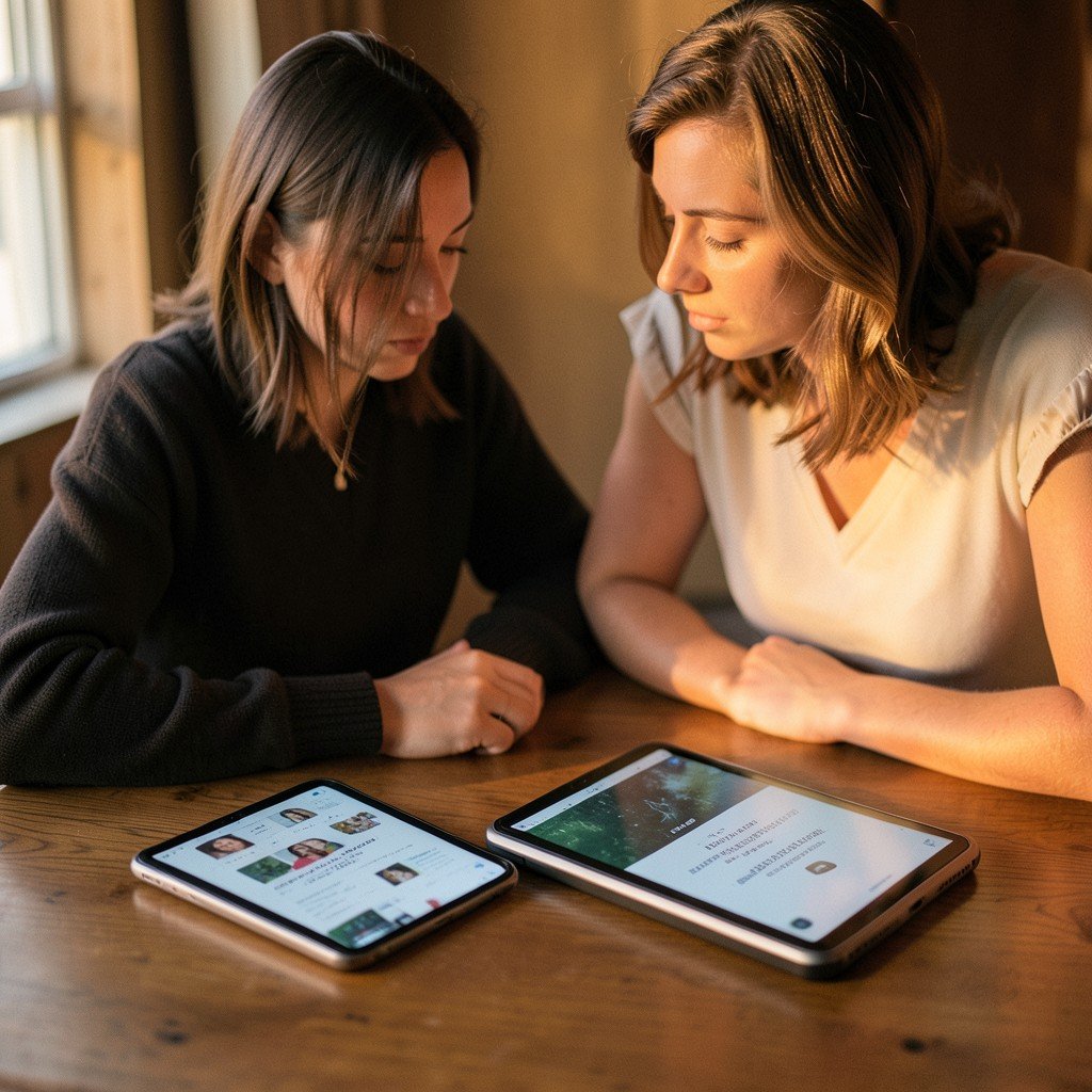 A person looking thoughtfully at two different tablets, one small and one large, on a wooden desk, warm lighting, lifestyle photography, 4:3