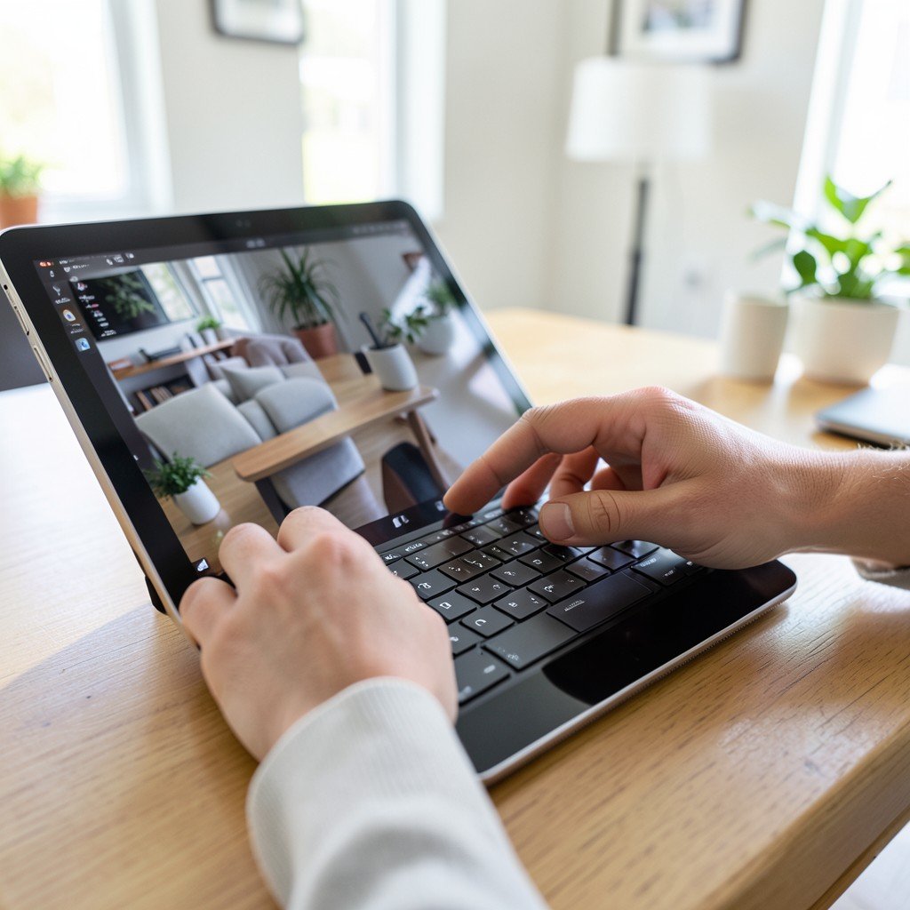 Close up of hands typing on a large tablet screen with a smart keyboard in a modern home office, bright balanced lighting, lifestyle photography, 1:1