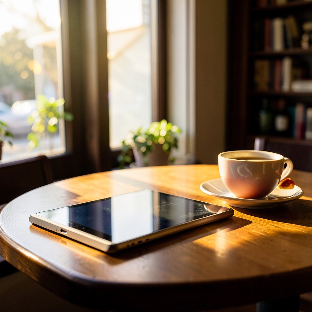 A compact tablet sitting on a cafe table with a cup of coffee and a pastry, sunlight streaming through the window, warm lighting, lifestyle photography, 4:3