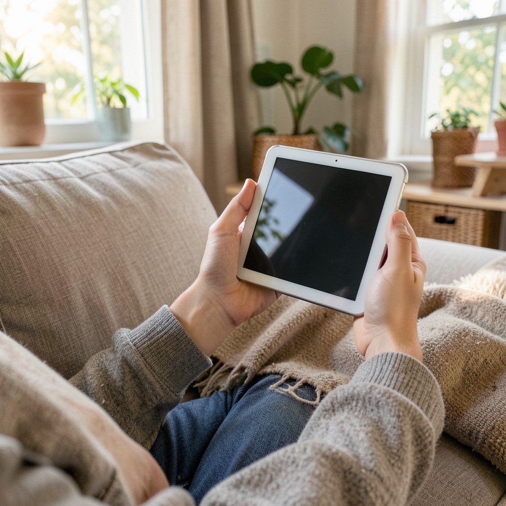 A person holding a small compact tablet comfortably in one hand while sitting on a sofa, cozy indoor environment, natural setting, lifestyle photography, 1:1