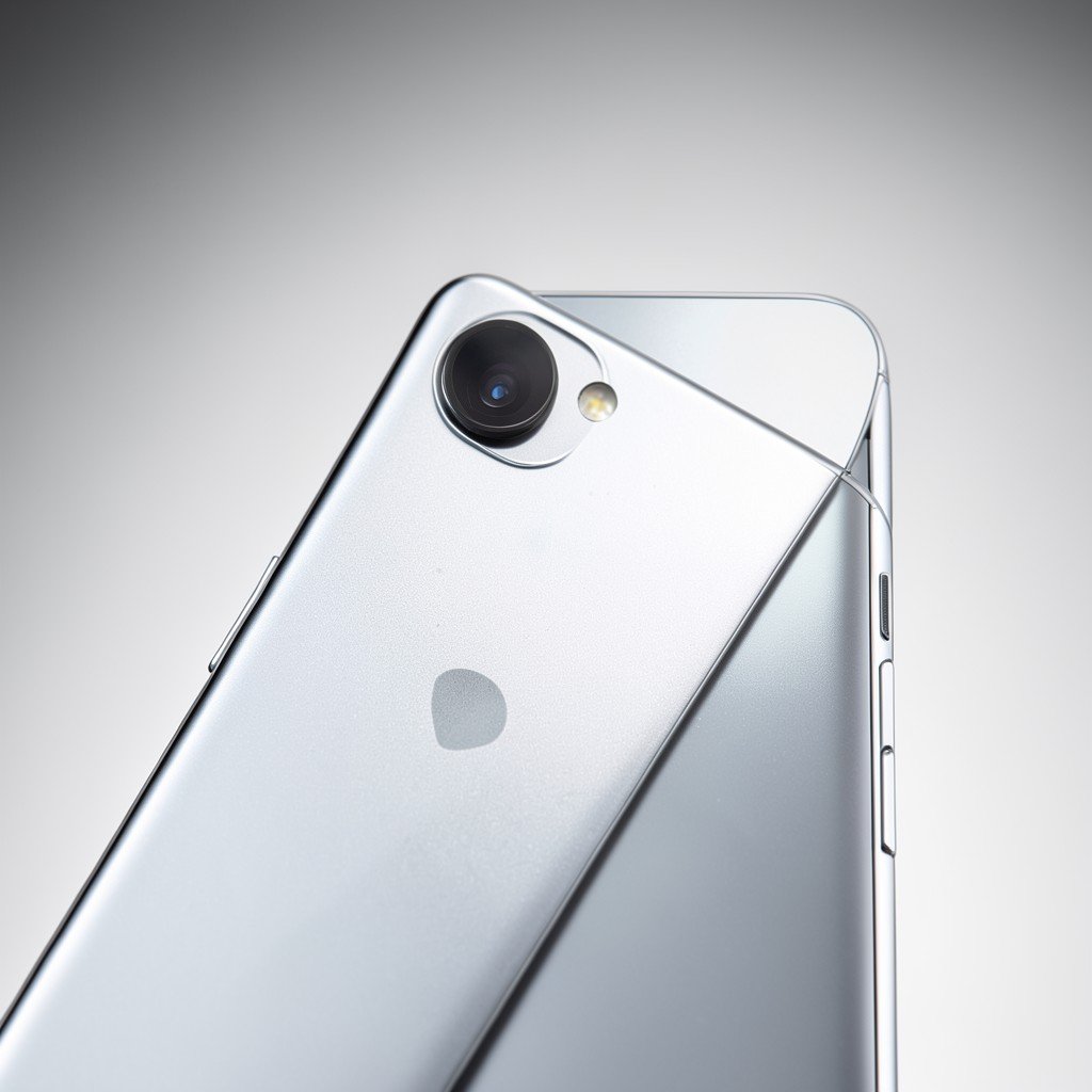 Close up of an ultra slim smartphone with dual rear camera lenses, metallic finish, clean gradient background, high contrast studio lighting, product photography, aspect ratio 1:1