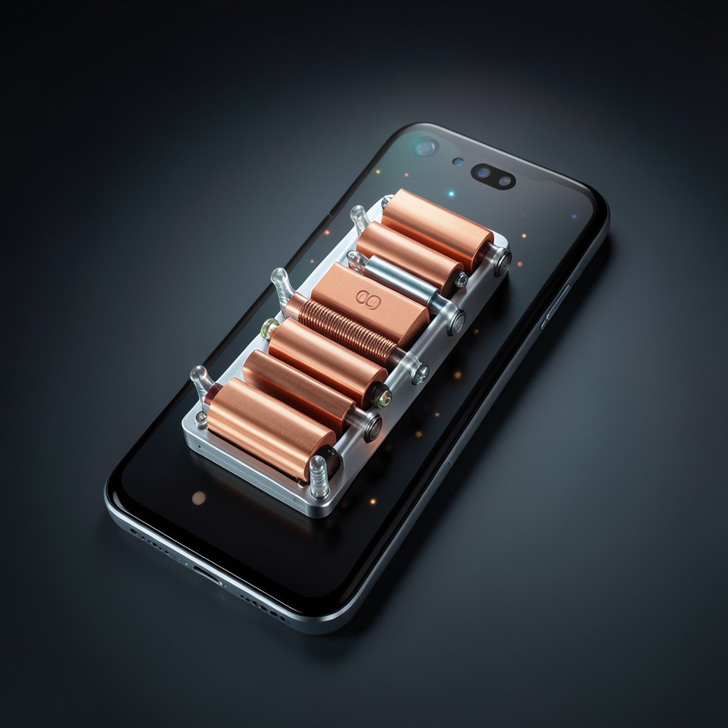 Internal vapor chamber cooling system of a smartphone, copper and metal components, high tech aesthetic, dark gradient background, soft glowing lighting, aspect ratio 4:3
