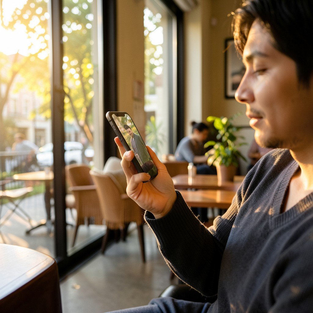 A person comfortably holding a slim smartphone in a cafe, warm sunlight streaming through the window, modern lifestyle, cozy atmosphere, natural setting, aspect ratio 4:3