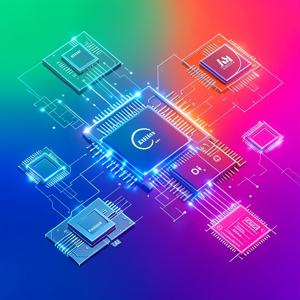 Glowing futuristic chips and processors representing AI competition, modern clean infographic style, vibrant colored background, high contrast, aspect ratio 1:1