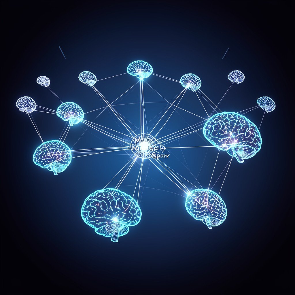 Multiple glowing digital brains connected in a network, parallel reasoning visualization, Meta Muse Spark, dark blue gradient background, aspect ratio 4:3
