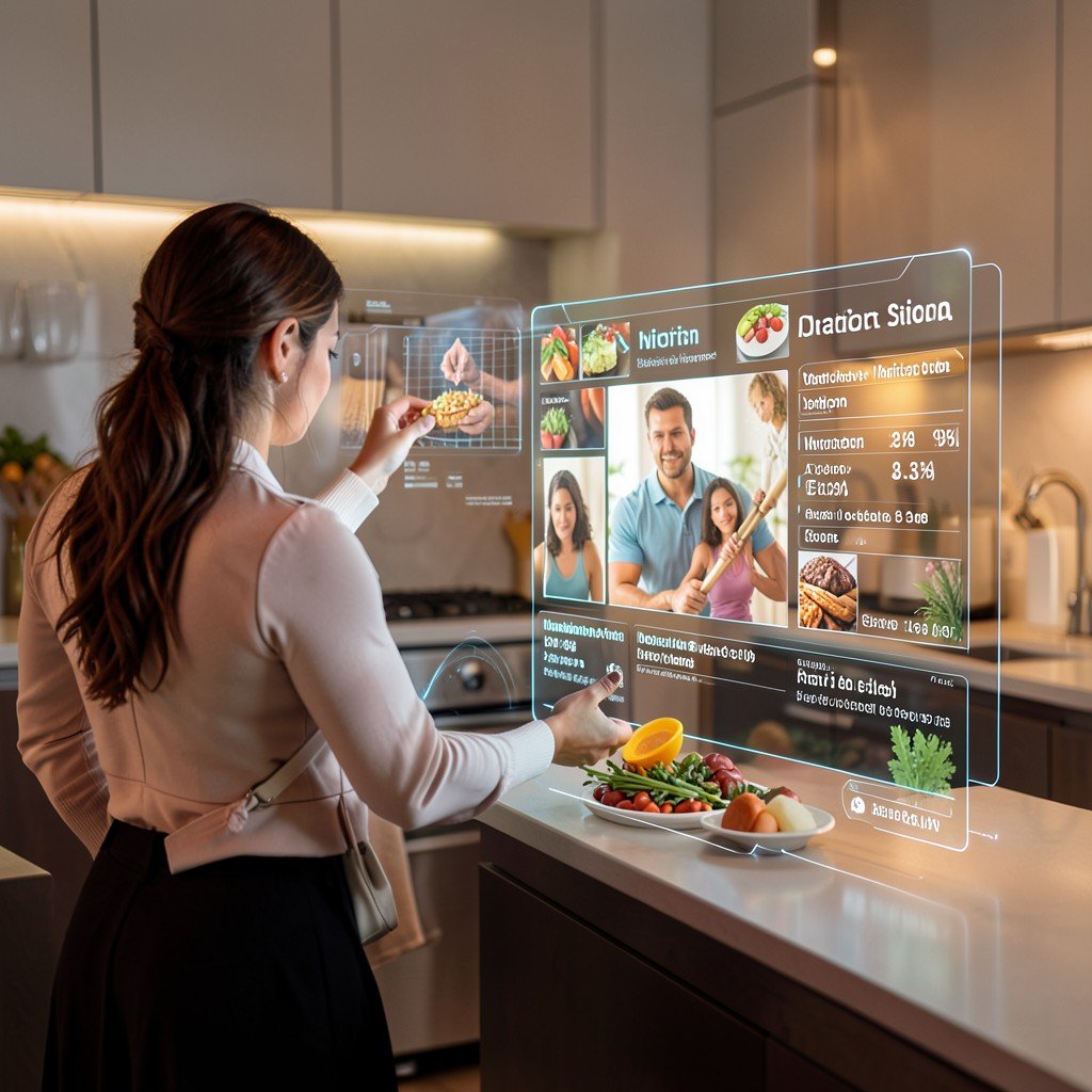 A person checking health data on a futuristic holographic display showing nutrition facts and muscle activation, warm lifestyle photography, modern kitchen background, aspect ratio 1:1