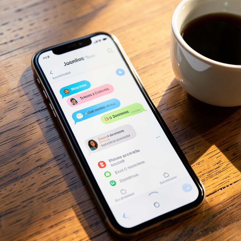 A sleek smartphone screen showing a modern journal app interface with AI chat bubbles and summary features, placed on a wooden desk with a cup of coffee, warm natural lighting, lifestyle photography, aspect ratio 4:3