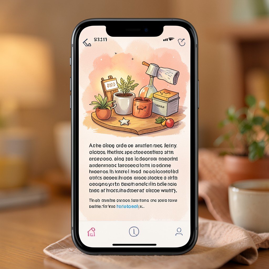 A journal app screen on a smartphone showing an AI generated artistic illustration matching a diary text, warm and cozy atmosphere, lifestyle photography, soft lighting, aspect ratio 4:3