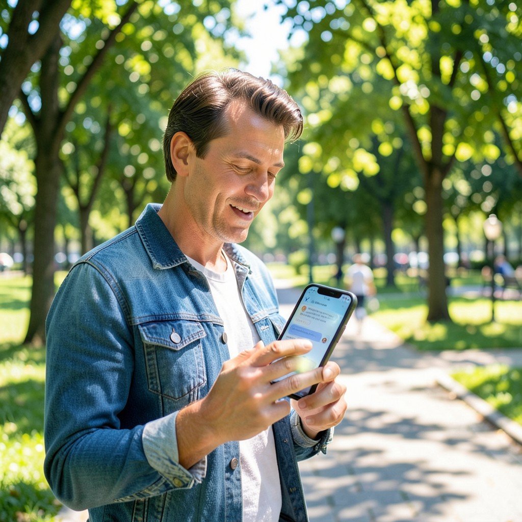 A person casually talking to a smartphone while walking in a sunny park, the phone screen subtly glowing with a chat interface, natural everyday lifestyle, bright balanced lighting, aspect ratio 1:1