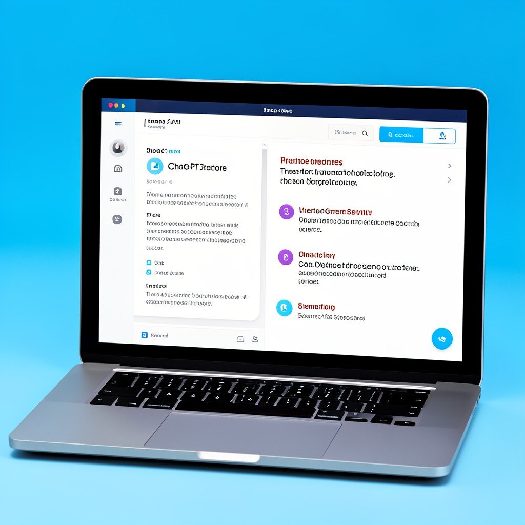Adding an app from the ChatGPT app store, modern clean user interface on a laptop screen, informational infographic style, high contrast, 4:3