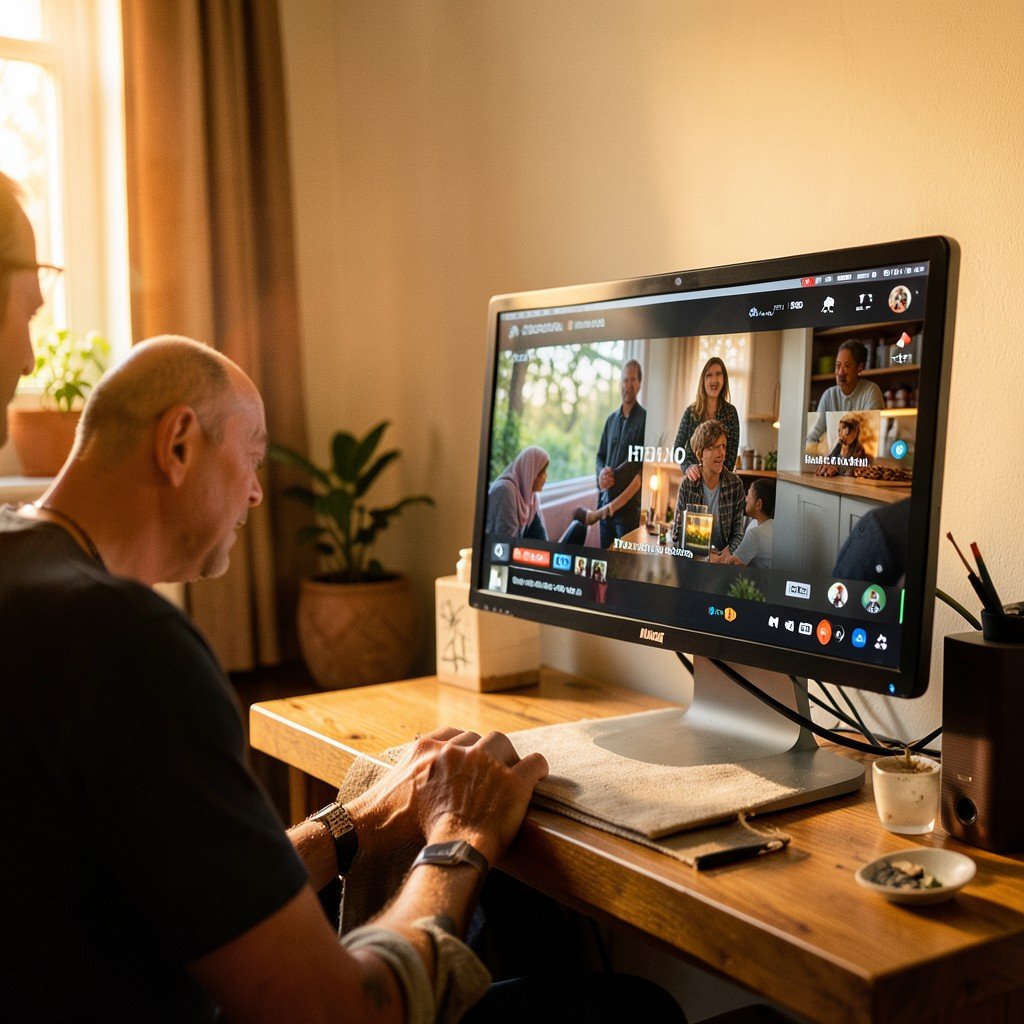 Watching a streaming movie on a desktop monitor in a cozy room, lifestyle photography, warm lighting, natural setting, 4:3