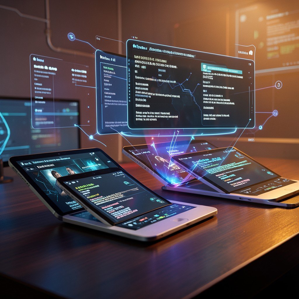 Mythos AI model scanning multiple Apple device screens for security codes, holographic interface floating above desk, futuristic tech atmosphere, warm lighting, 4:3