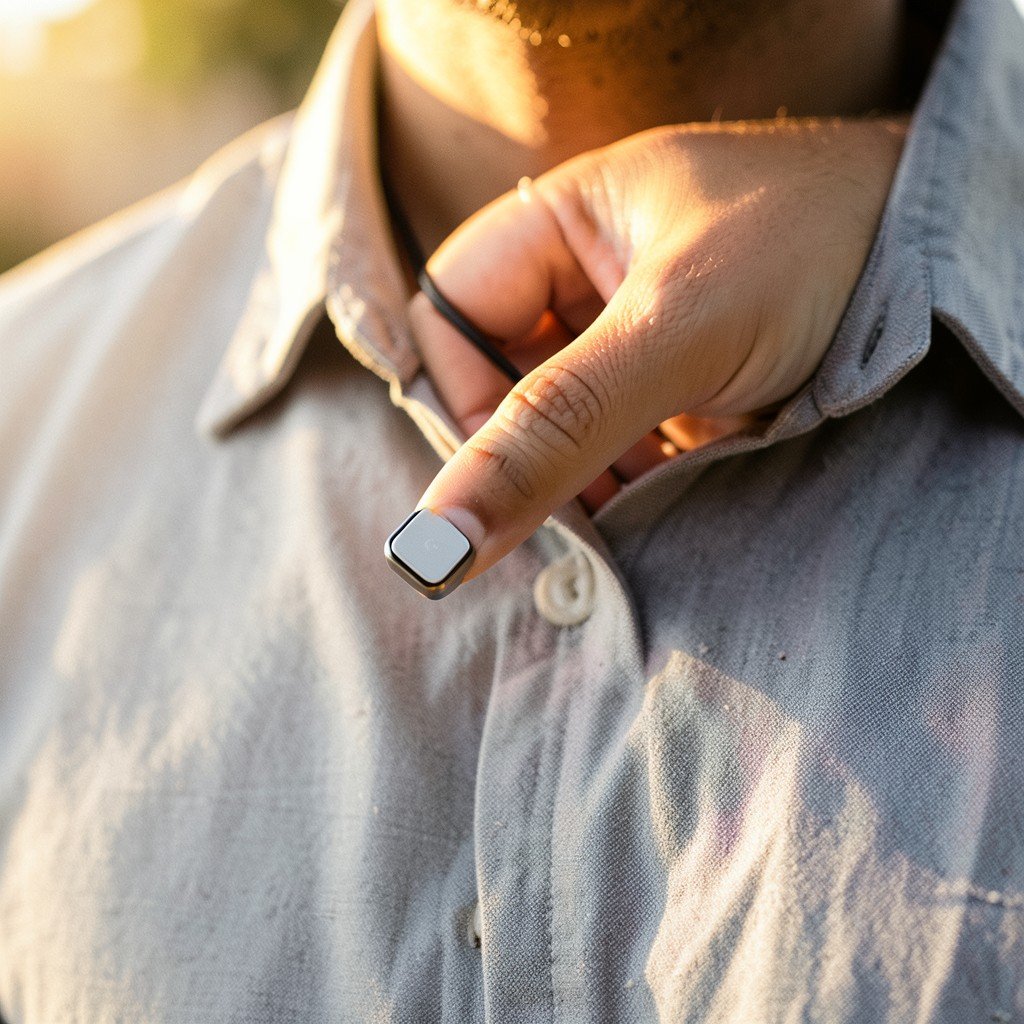 A close up of a person's finger pressing a small square button on a sleek wearable device clipped to a shirt collar, lifestyle photography, warm natural lighting, 1:1 aspect ratio