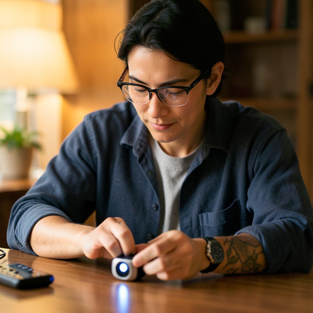 A thoughtful person wearing smart glasses looking at a small AI button device on a desk, lifestyle photography, warm lighting, 1:1 aspect ratio