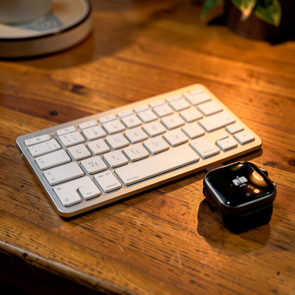 Apple Magic Keyboard and Apple Watch Ultra 3 on a wooden desk, warm lighting, lifestyle photography, aspect ratio 4:3