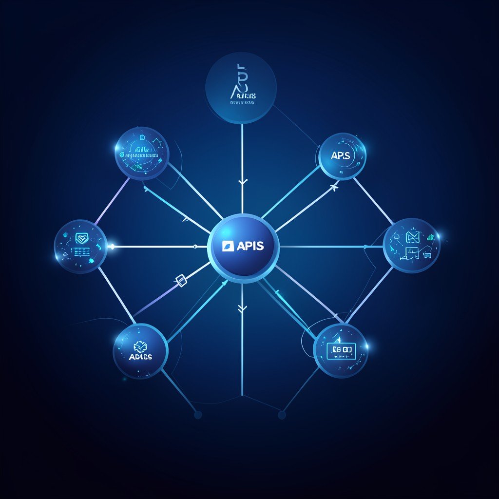 Cloud infrastructure concept with interconnected nodes and APIs, modern tech setting, dark blue gradient background, aspect ratio 4:3