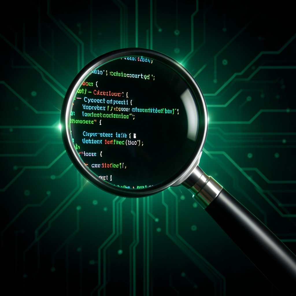 Cybersecurity concept with a magnifying glass analyzing code on a screen, dark green tech background, glowing highlights, aspect ratio 4:3