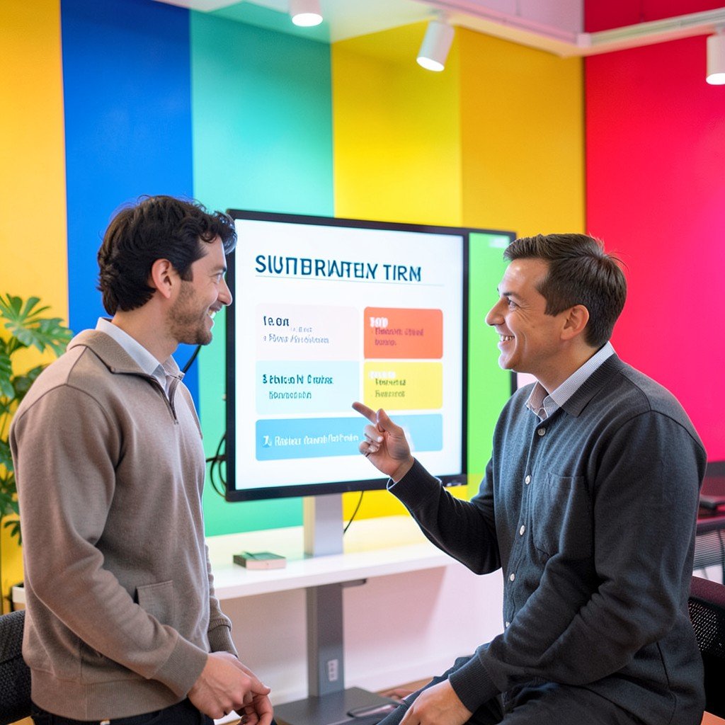 Two people comparing subscription tiers on a bright screen, modern workspace setting, vibrant colored background, 1:1