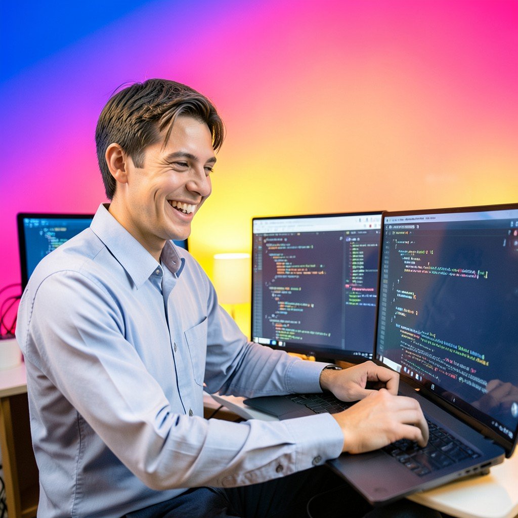 A developer smiling while working on multiple code windows, bright ambient light, vibrant gradient background, 4:3