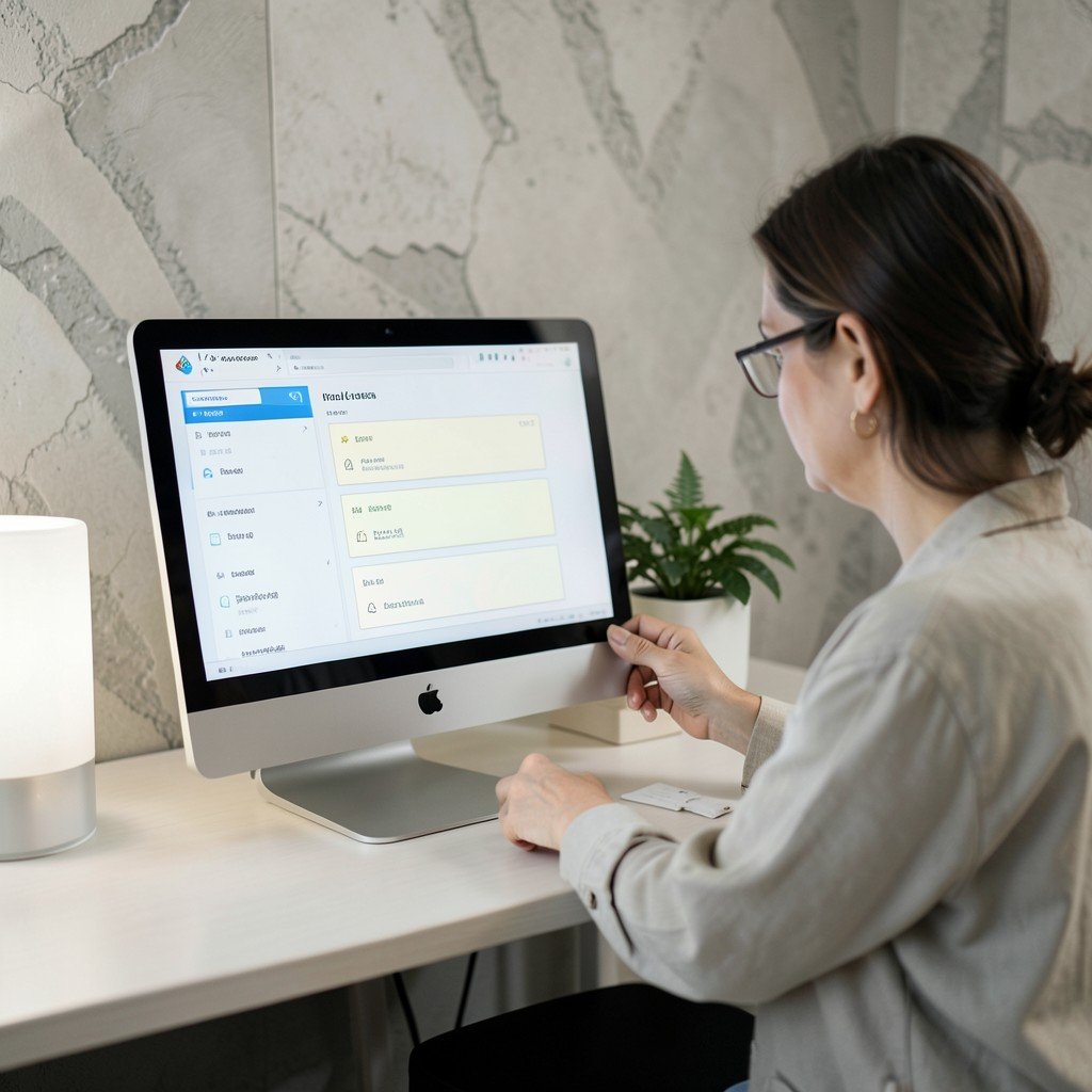 A person thoughtfully selecting options on a computer screen, calm and modern workspace, textured background, 1:1