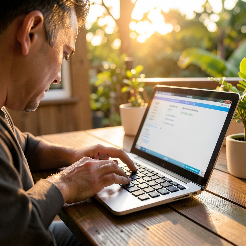 A person calculating expenses on a laptop with a calculator, modern lifestyle photography, warm lighting, natural setting, aspect ratio 4:3