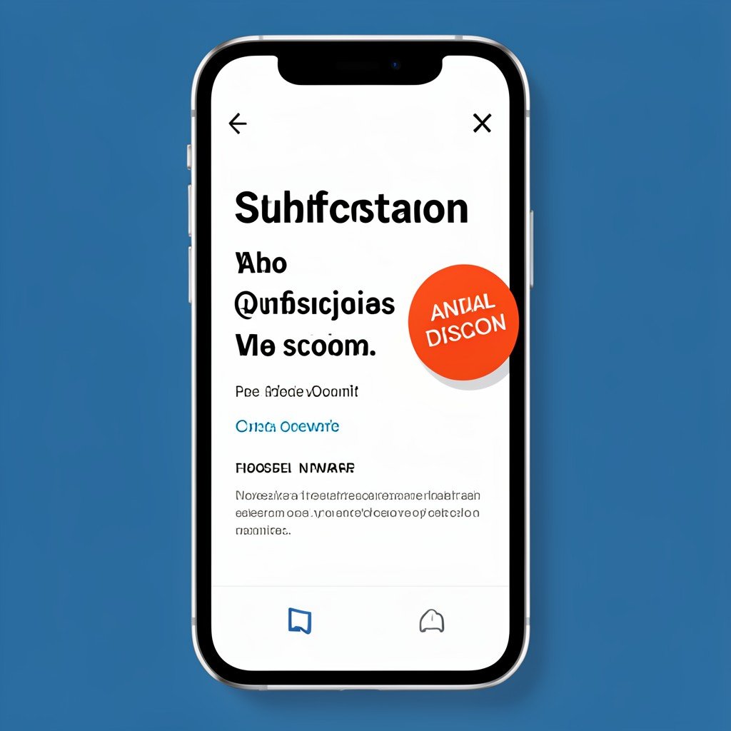 A smartphone screen showing an annual subscription plan with a discount badge, clean infographic style, modern layout, high contrast, aspect ratio 1:1
