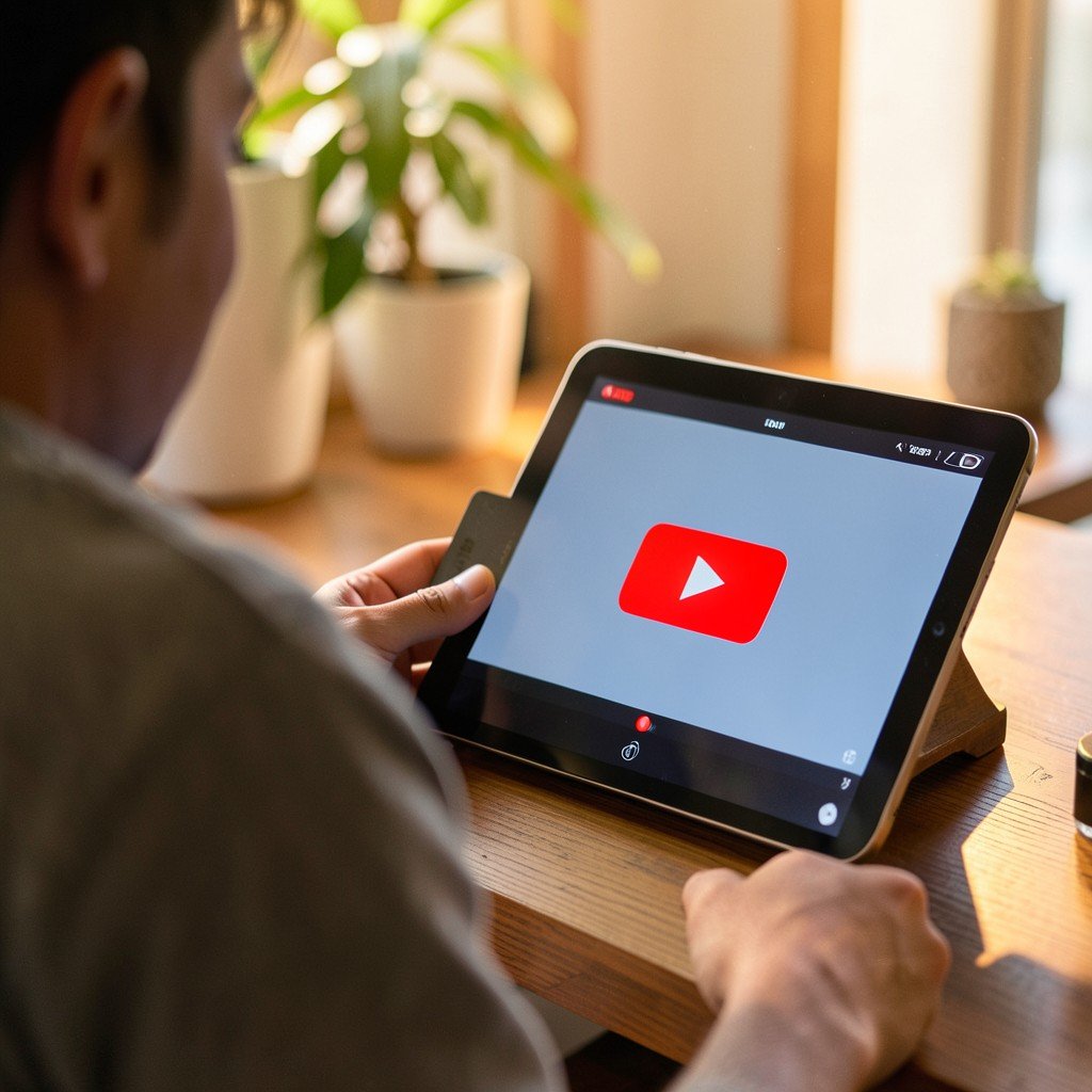 A person holding a credit card while looking at a YouTube play button on a tablet screen, modern lifestyle photography, warm lighting, natural setting, aspect ratio 4:3